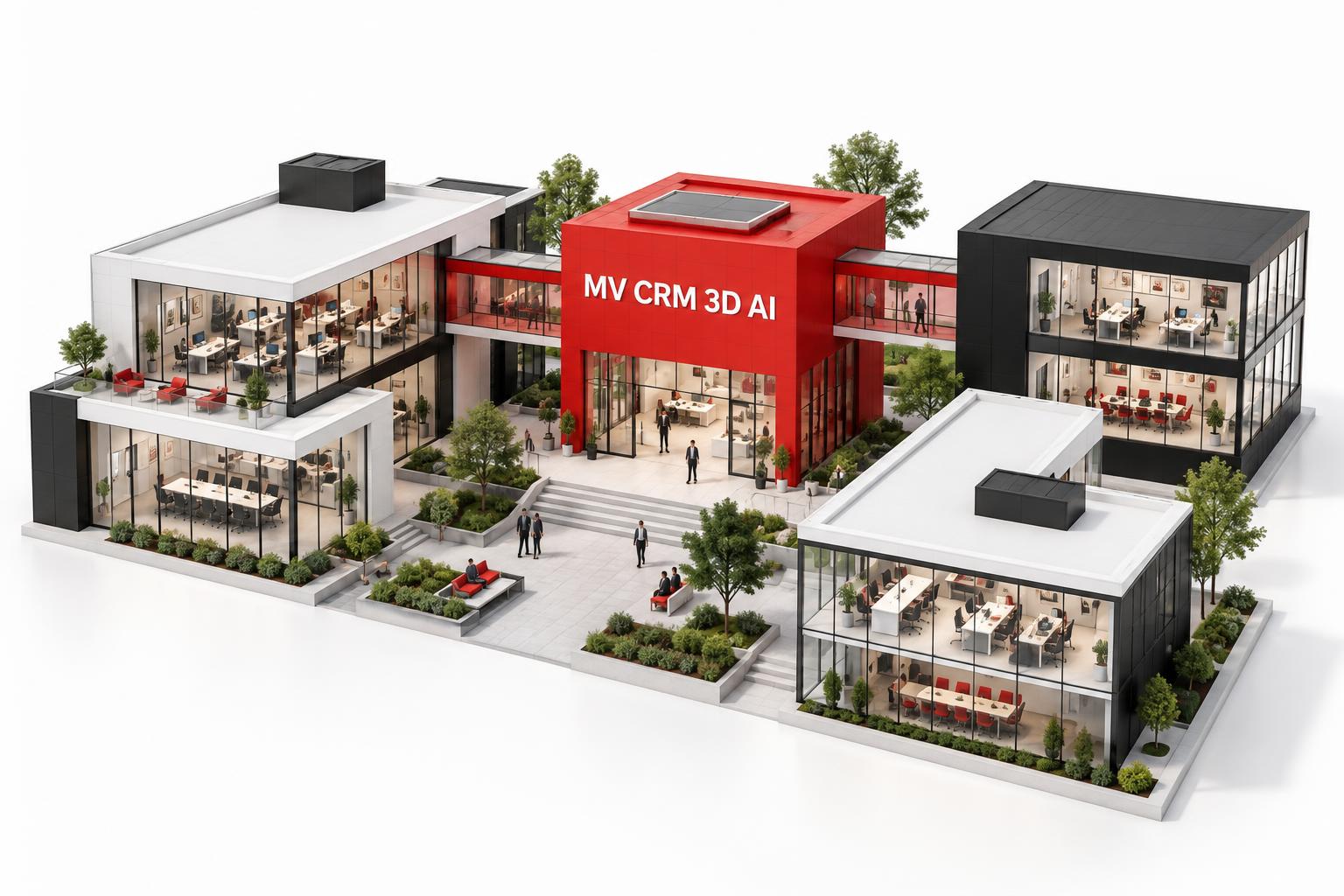Illustration isométrique d’un campus de bureaux vitrés blancs et noirs autour d’un hub rouge MV CRM 3D AI